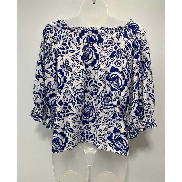 Rachel Zoe Women 3/4 Sleeve Button Linen Rayon Top Size M White Blue Floral - Picture 4 of 7